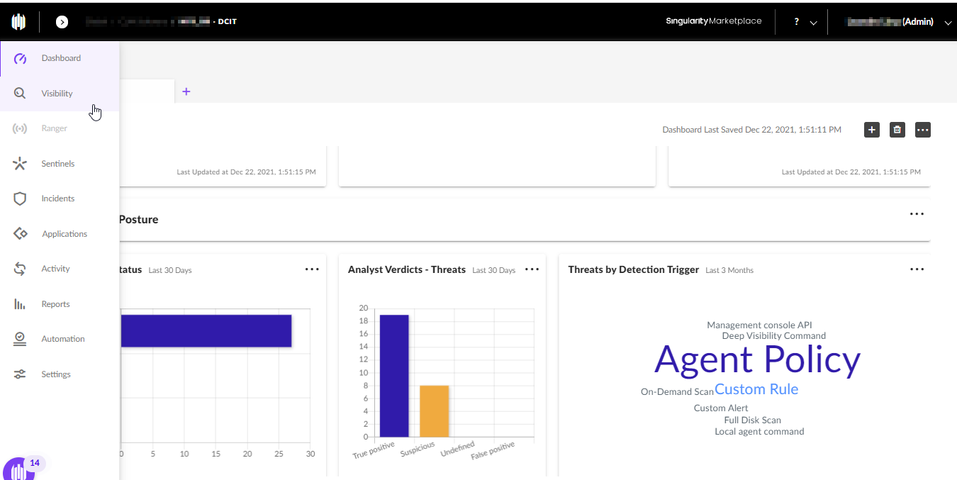 Dashboard Antivirus SentinelOne